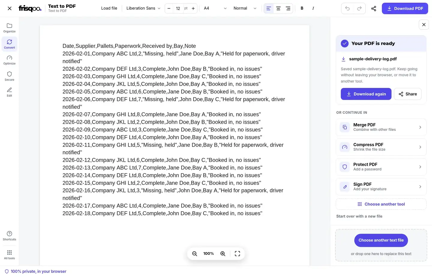 Completed Text to PDF result with a source-based PDF filename and download panel