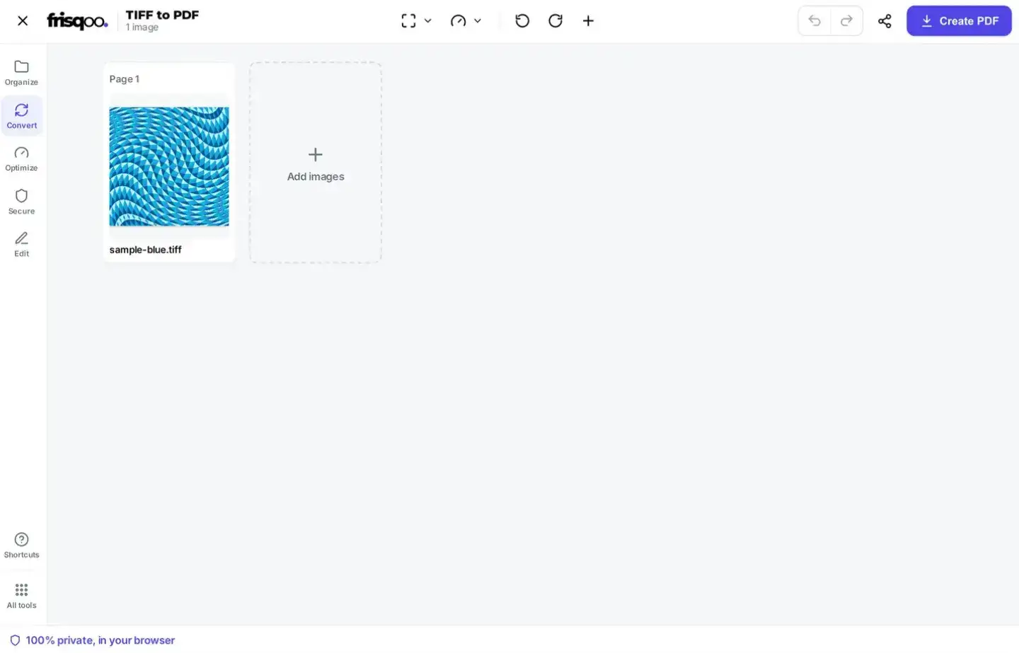 TIFF pages arranged in order in the TIFF to PDF editor, with size and quality controls