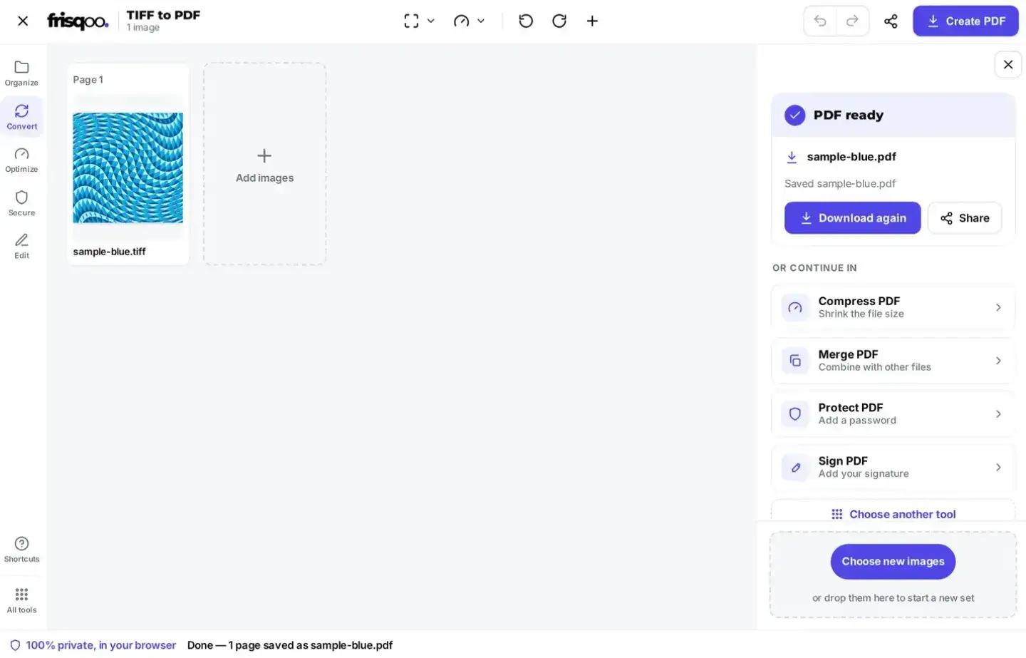 The combined PDF downloading from the TIFF to PDF tool after tapping Create PDF