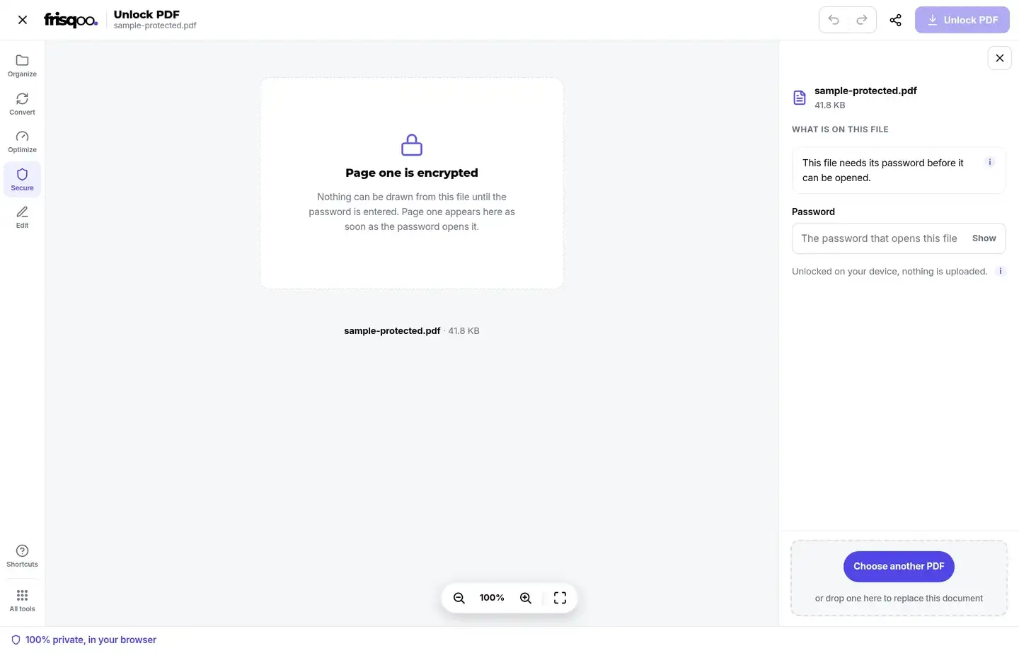 Unlock PDF workspace asking for the password that opens an encrypted file
