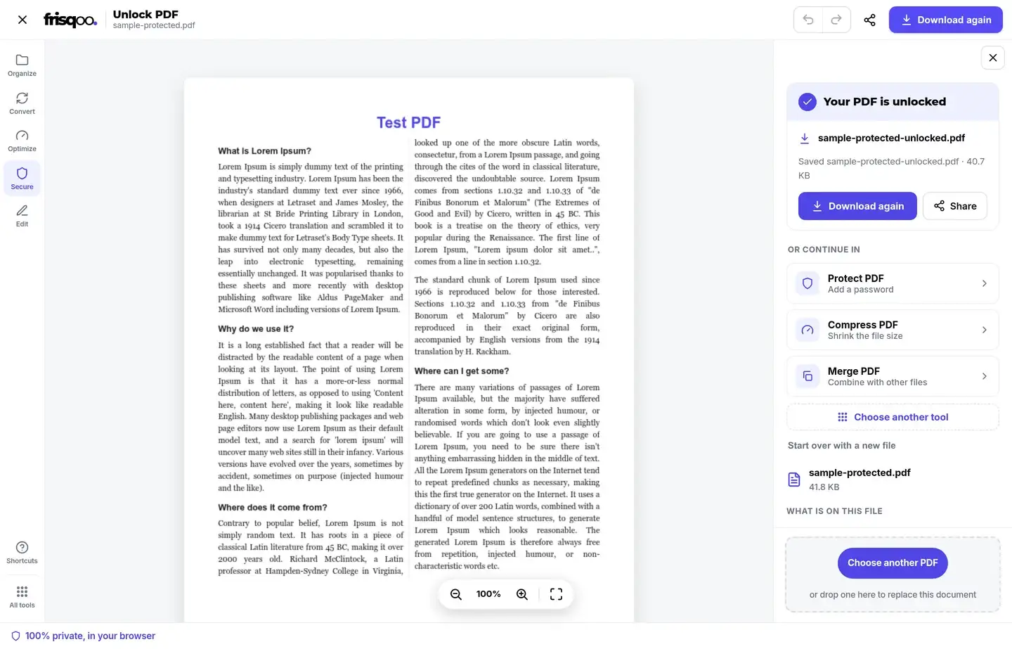 Unlocked PDF preview with the Download again action