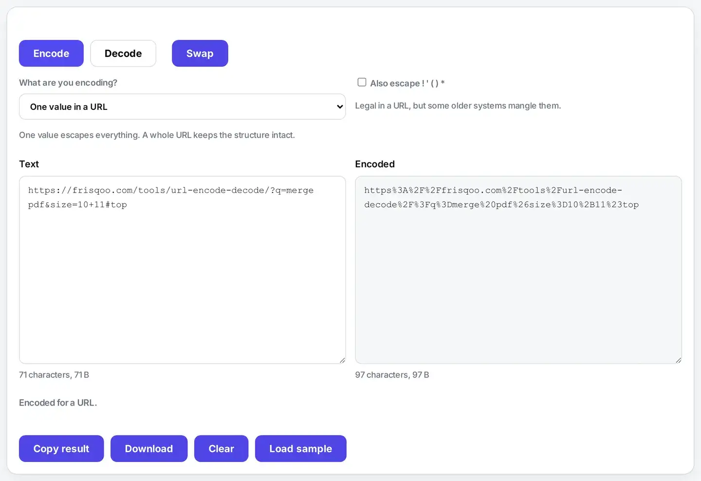 The mode dropdown set to One value in a URL, with the frisqoo URL Encode and Decode page address in the left box and the right box showing every structural character escaped, including the colon, slashes, question mark, ampersand and hash.