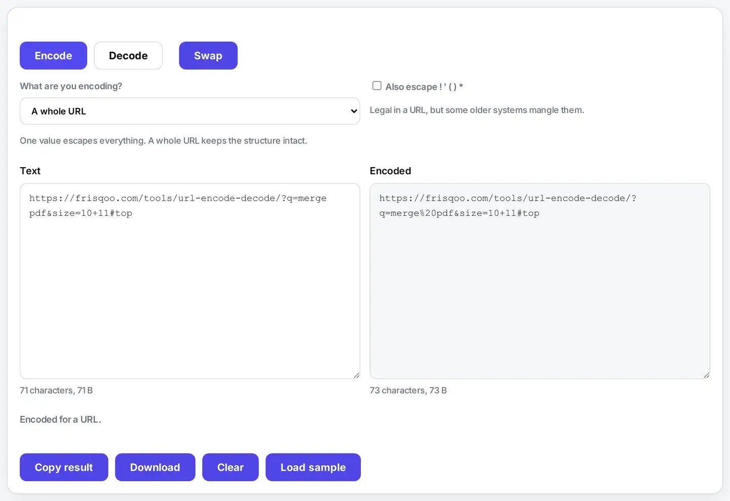 The same frisqoo address with the mode dropdown set to A whole URL, where the right box keeps the colon, slashes, question mark, ampersand and hash intact and only the space inside the query becomes %20.