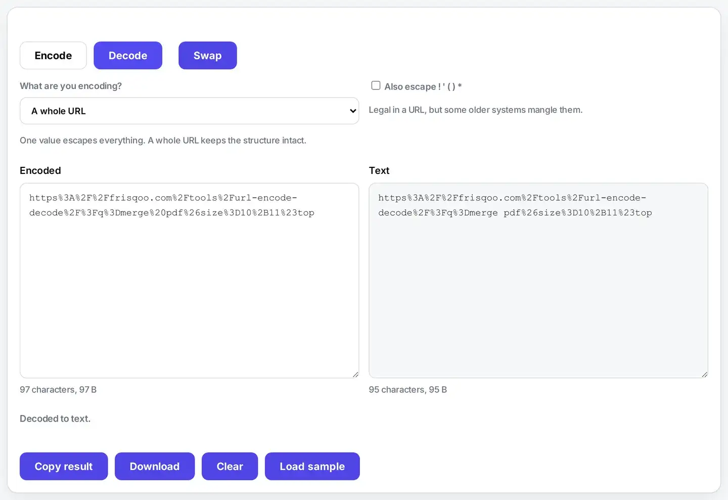 The Decode direction with the encoded frisqoo address in the left box and the mode dropdown set to A whole URL. The right box still shows %3A, %2F, %26, %2B and %23 escaped and only %20 has come back as a space, with the status line reading Decoded to text rather than an error.