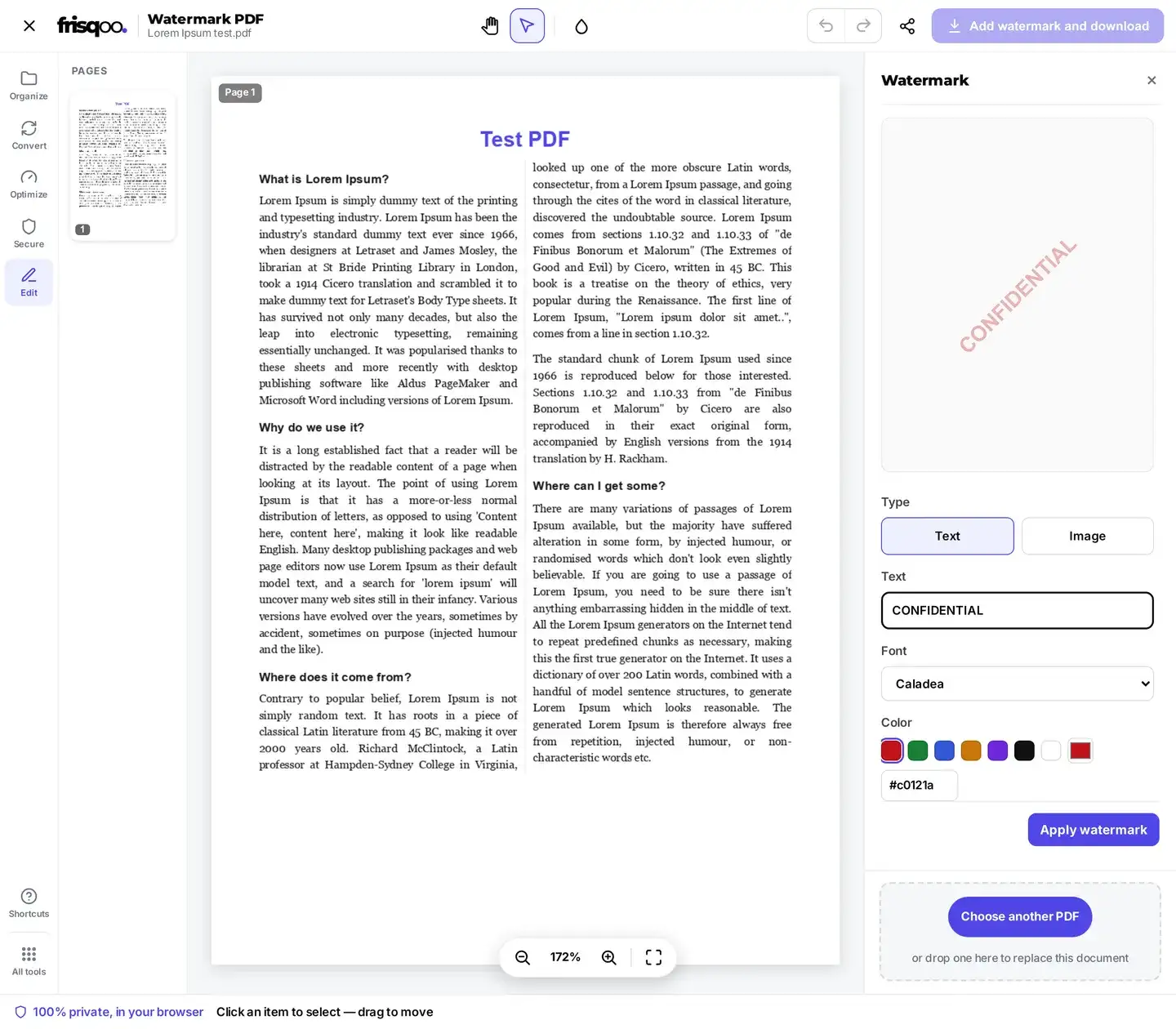 The watermark editor with a page preview and a panel to set the watermark text, font, and color.