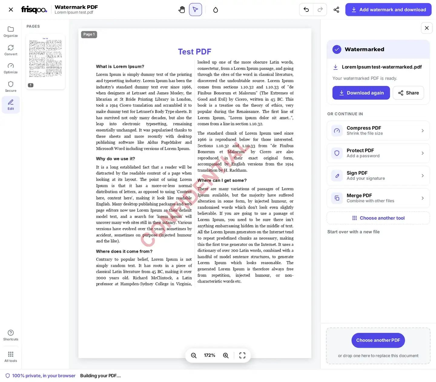 The Watermark PDF result panel reading Your watermarked PDF is ready, with a Download again button and next-step tool suggestions.
