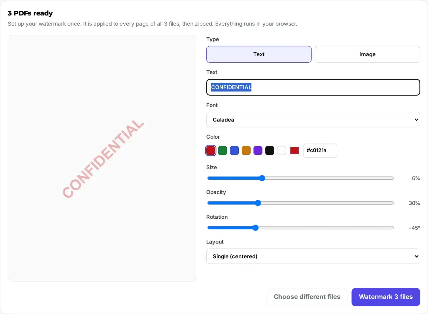 The Watermark PDF bulk panel titled 3 PDFs ready, with Text, Font, Color, Size, Opacity, Rotation, and Layout controls and a Watermark 3 files button.