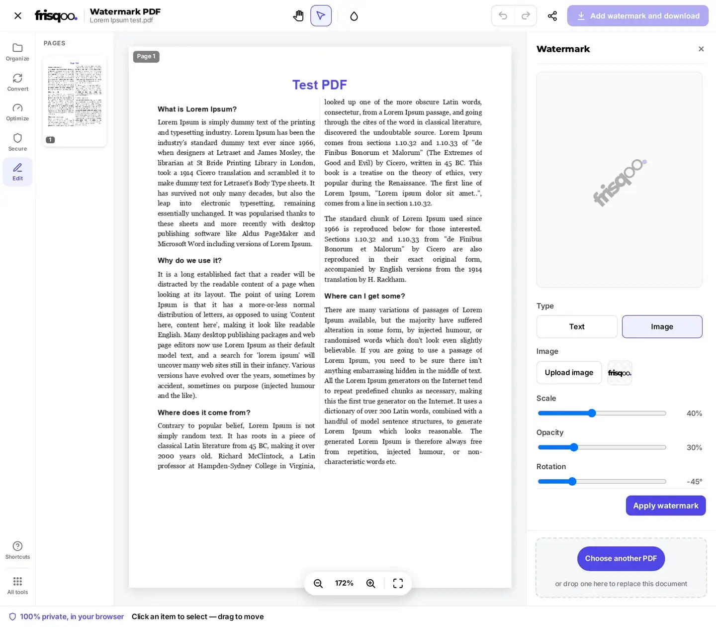 The Watermark PDF panel with Type set to Image, an uploaded logo thumbnail, and Scale, Opacity, Rotation and Layout controls beside the stamped page.