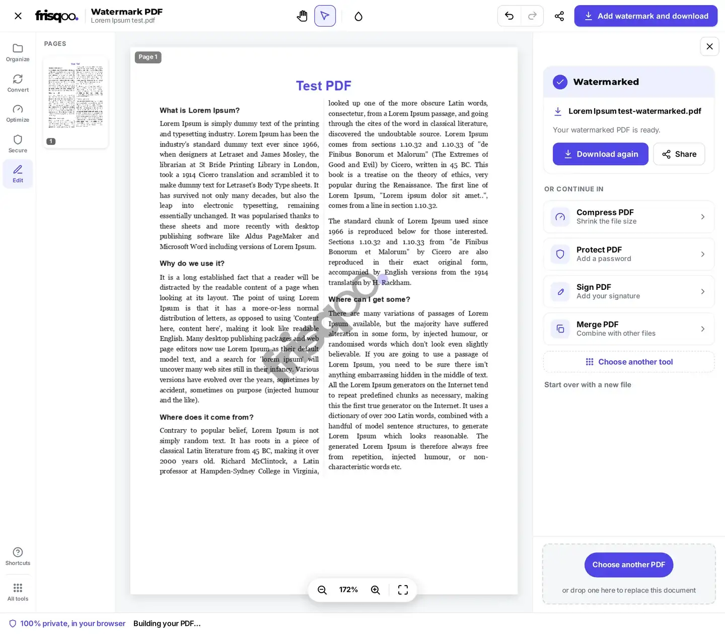The Watermark PDF result panel reading Your watermarked PDF is ready, with a Download again button and links to Compress, Protect, Sign and Merge PDF.