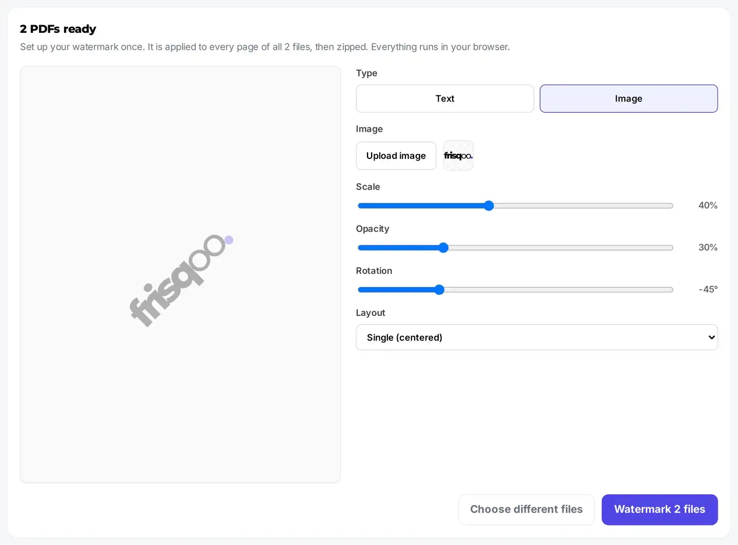 The Watermark PDF bulk panel titled 2 PDFs ready with Type set to Image, an uploaded logo, and a Watermark 2 files button.