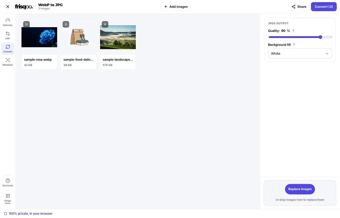 WebP images queued in the frisqoo WebP to JPG workspace with the quality and background settings