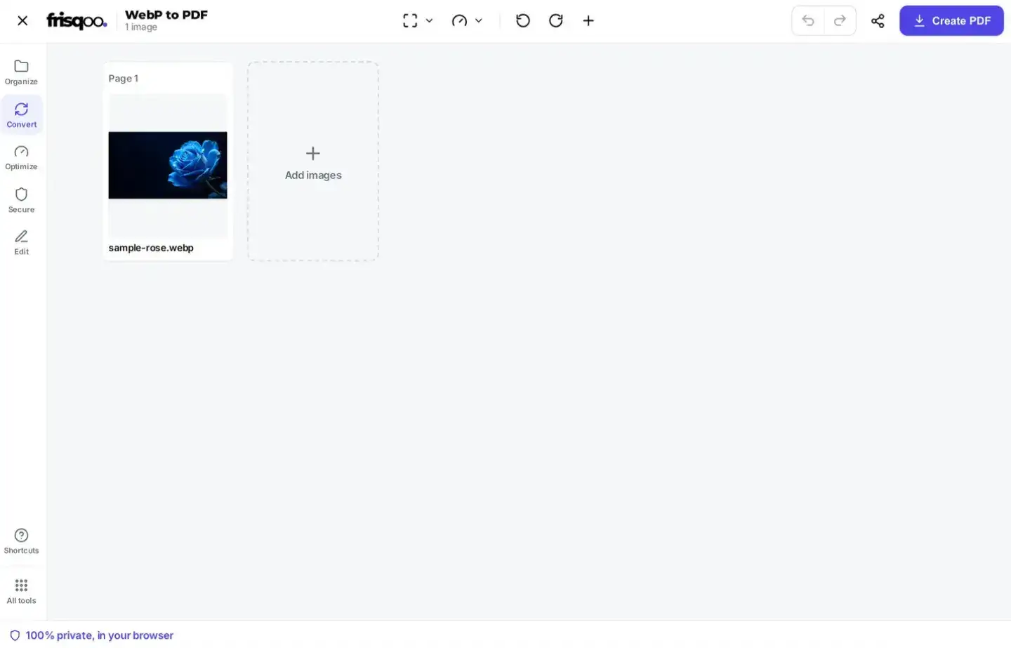 WebP thumbnails arranged in page order in the WebP to PDF editor, with size and quality controls