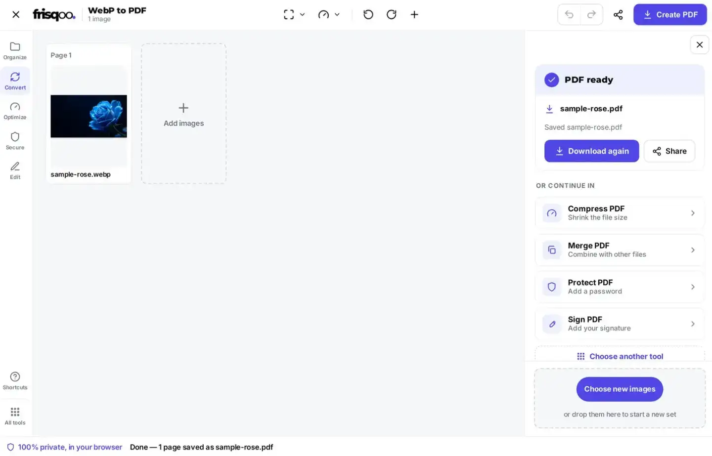 The combined PDF downloading from the WebP to PDF tool after tapping Create PDF