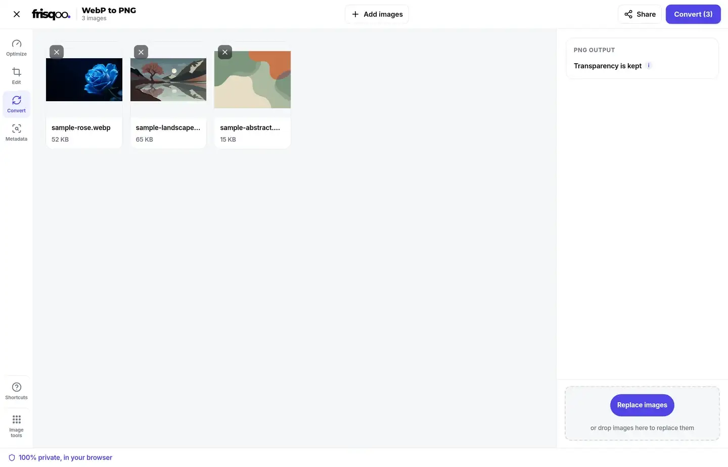 WebP images queued in the frisqoo WebP to PNG workspace