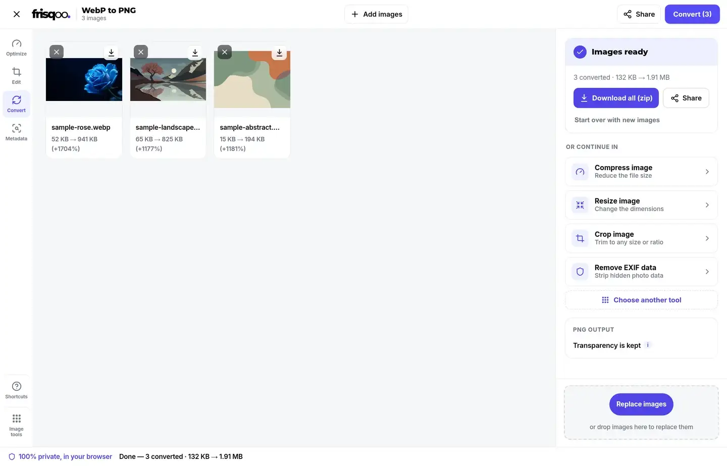 Converted PNG files ready to download from the WebP to PNG tool