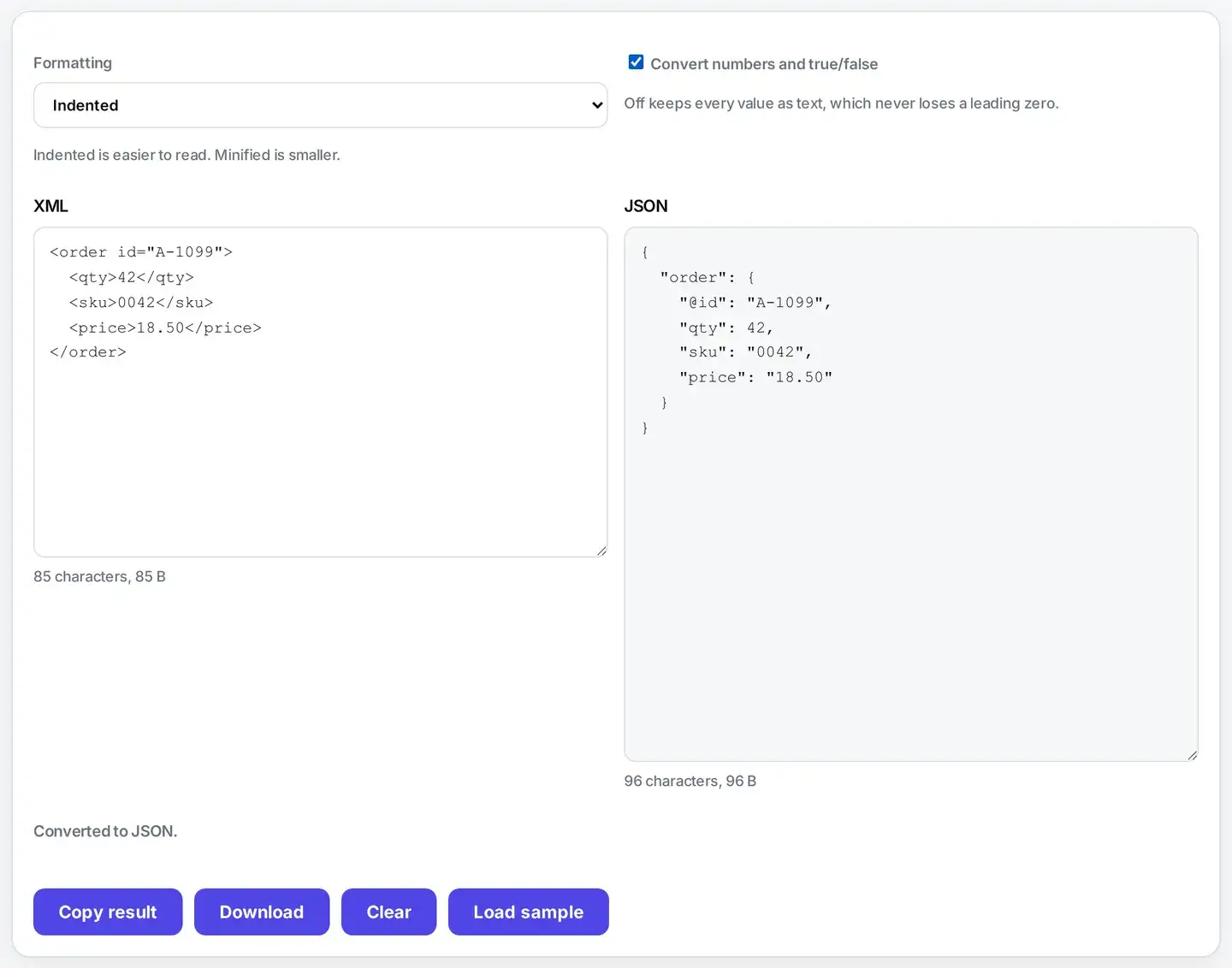 The same card with the convert numbers option ticked and a short order document in the left box. In the JSON in the right box qty is the bare number 42, while sku stays as the text 0042 and price stays as the text 18.50, and the id attribute appears as an @id key.